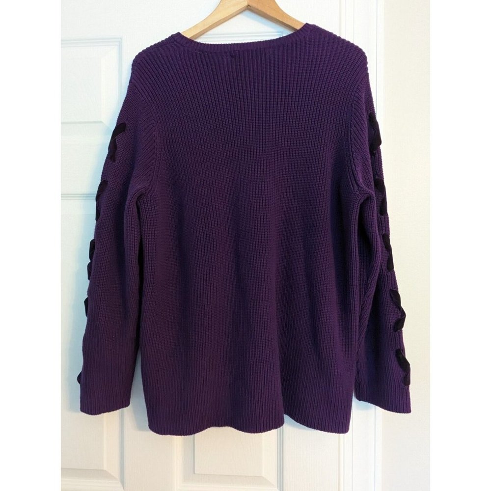 LRL Ralph Lauren Womens 2X Velvet Lace Up Sleeve Pullover Sweater Purple - Picture 9 of 9